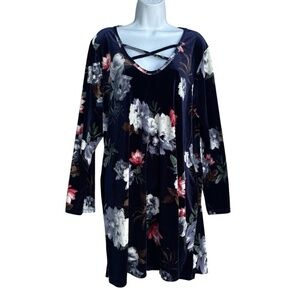NOW N FOREVER Floral Velvet Dress Criss Cross Scoopneck Long Sleeve Plus 3X Blue
